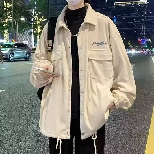 2024 New Men's Y2K Vintage Corduroy Cargo Jacket Autumn Letter Embroidered Button Jacket Casual Baggy Ropa Hombre Blouse Coats